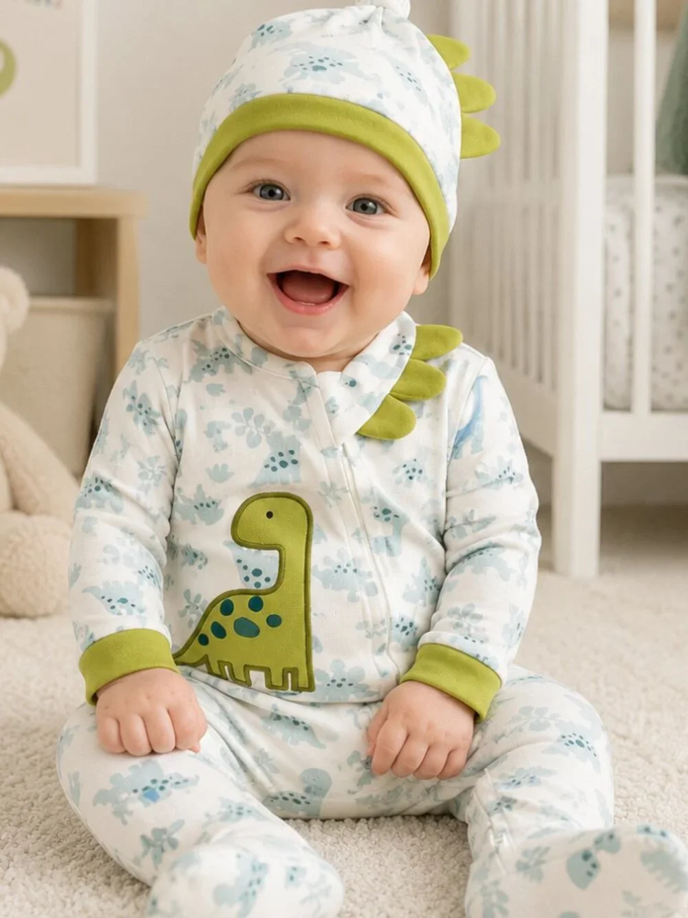 NWT Baby Essentials Set of 2 Dinosaur Footed Sleepers 3 Months w/ Hats